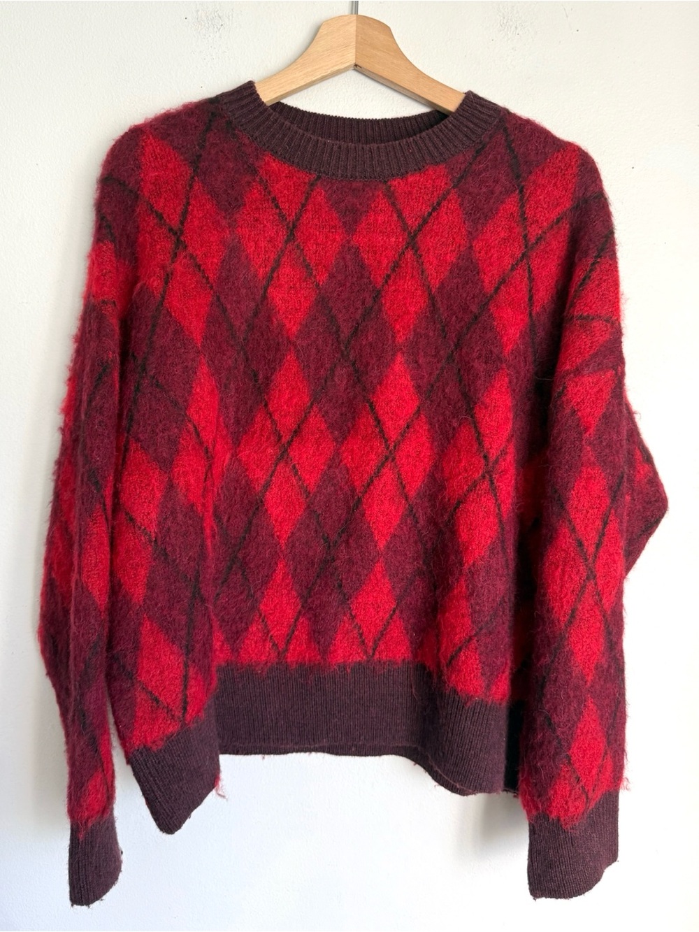 Zara Brushed Argyle Wool Alpaca Blend Crewneck Sweater in Burgundy and Red - Picture 2 of 6